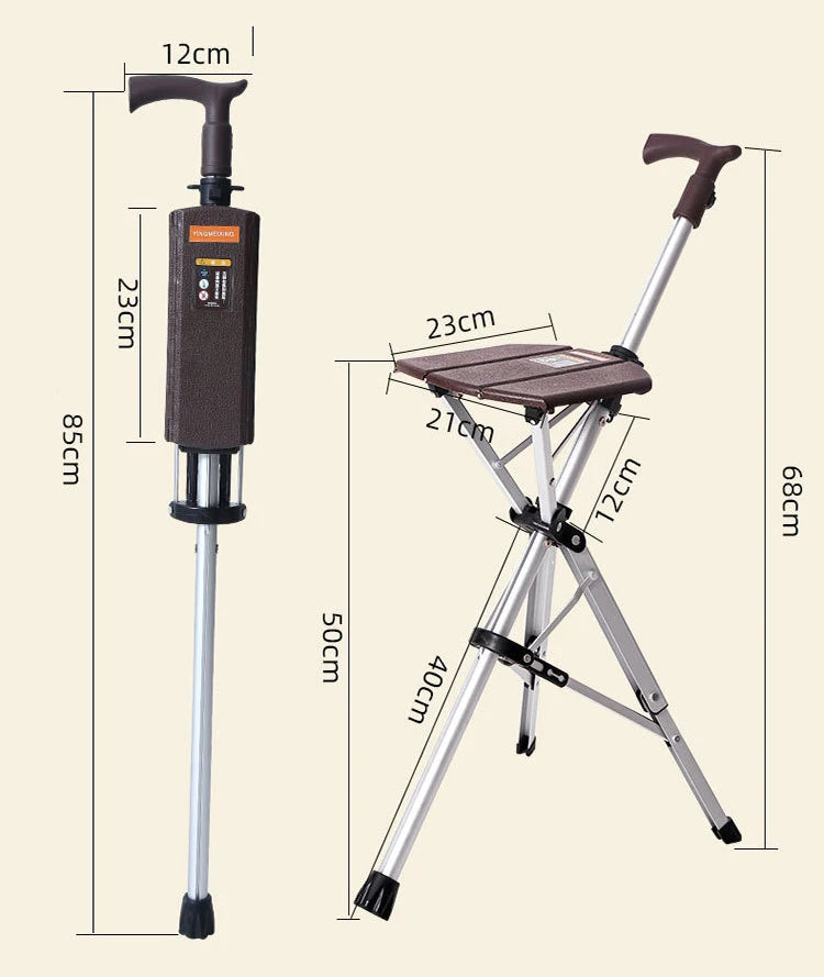 Multi-Functional Lightweight Folding Crutch Chair & Walking Cane with Built-In Seat