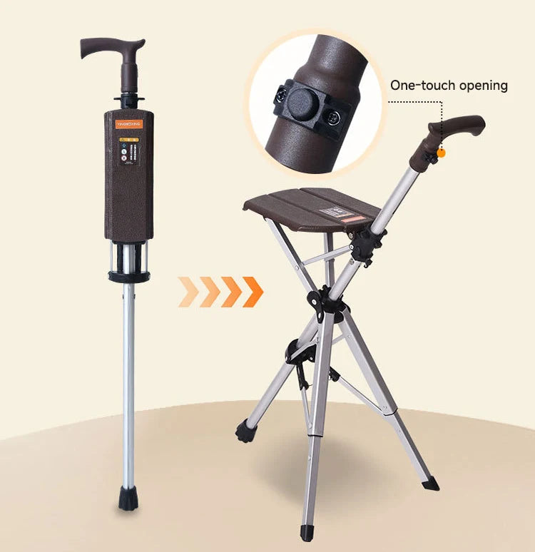 Multi-Functional Lightweight Folding Crutch Chair & Walking Cane with Built-In Seat