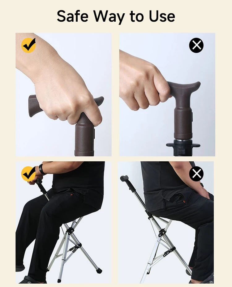 Multi-Functional Lightweight Folding Crutch Chair & Walking Cane with Built-In Seat