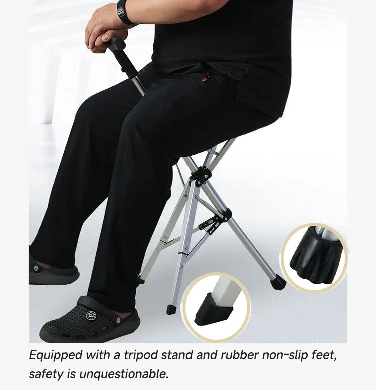 Multi-Functional Lightweight Folding Crutch Chair & Walking Cane with Built-In Seat